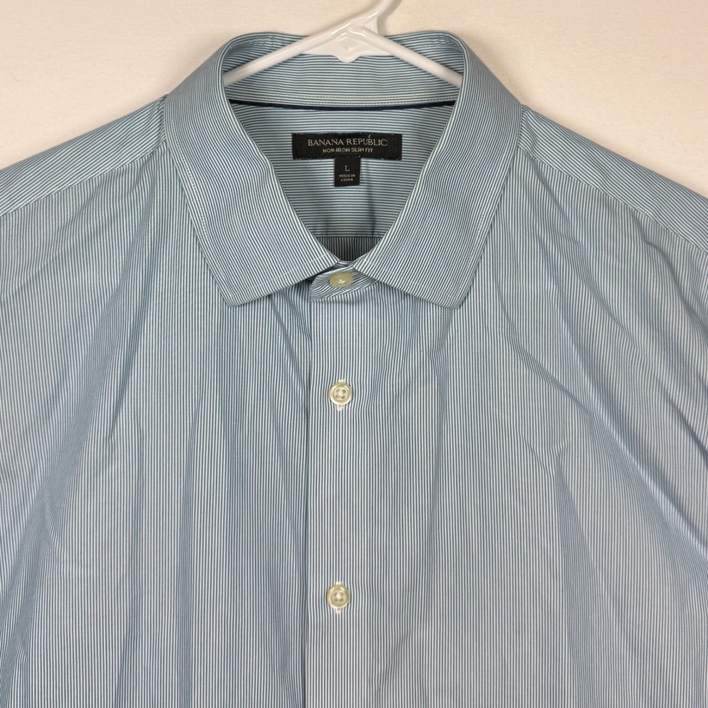 Banana Republic Non Iron Slim Fit Blue Striped Dress Shirt - Men's Sz Large‎